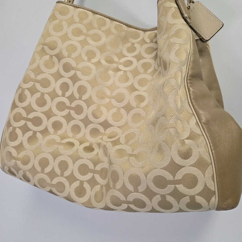 Coach Madison Phoebe Op Art Gold Sateen Purple Interior Shoulder Bag 26448